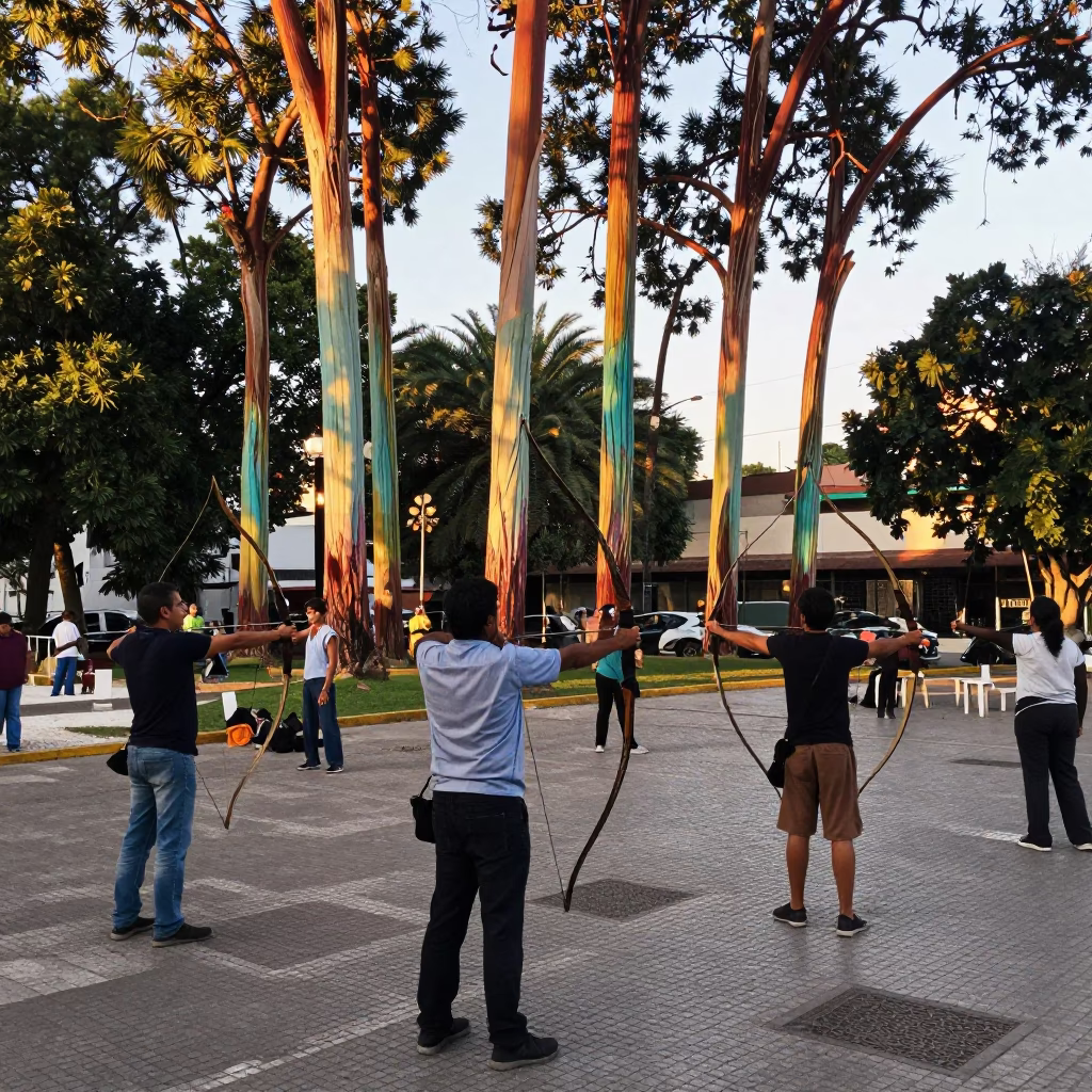 Late Afternoon Buenos Aires Street Scene with Traditional Archery Contest and Rainbow Eucalyptus Trees in in Buenos Aires, Argentina