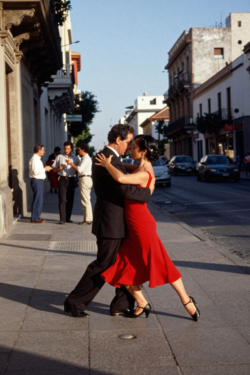 Late Afternoon Buenos Aires Street Scene with Traditional Tango Dance Couple and Classic Architecture in in Buenos Aires, Argentina