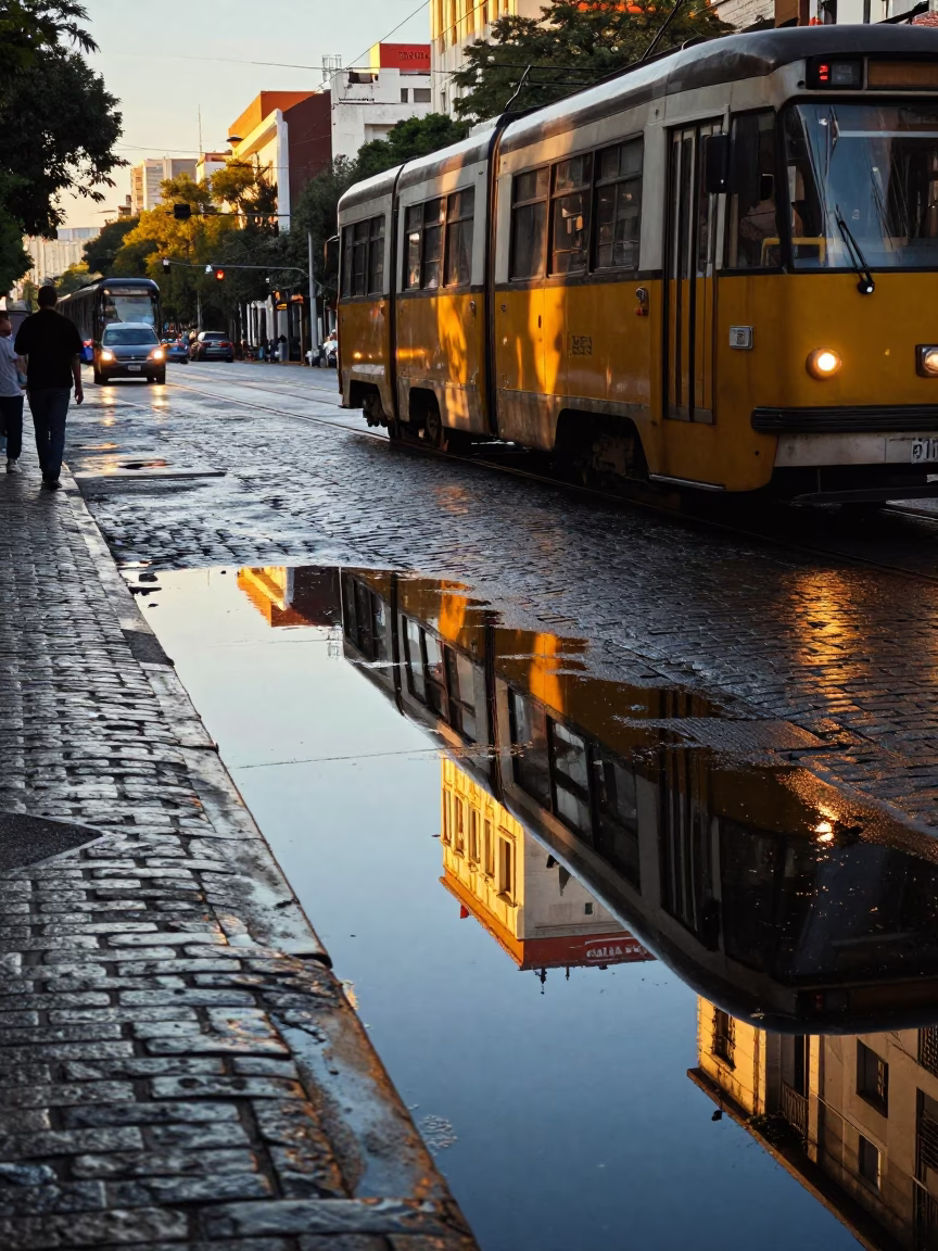 Late Afternoon Buenos Aires Street Scene with Tram Reflection and Cobblestone Rain in in Buenos Aires, Argentina