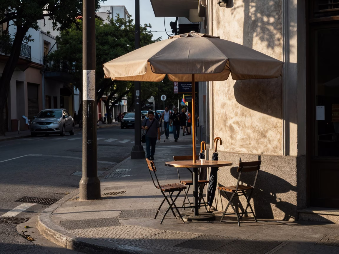 Late Afternoon Buenos Aires Street Scene with Umbrella Stand and Cushion in in Buenos Aires, Argentina
