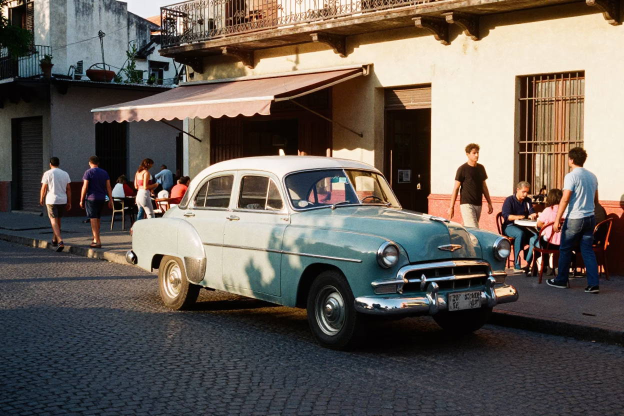 Late Afternoon Buenos Aires Street Scene with Vintage Car and Pedestrians in in Buenos Aires, Argentina