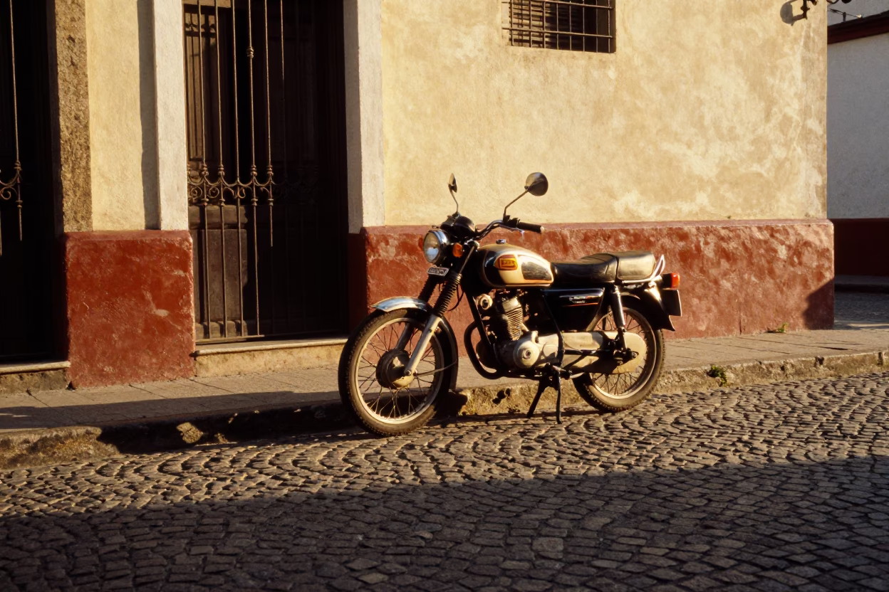 Late Afternoon Buenos Aires Street Scene with Vintage Motorcycle and Sidecar Parked on Cobblestone in in Buenos Aires, Argentina