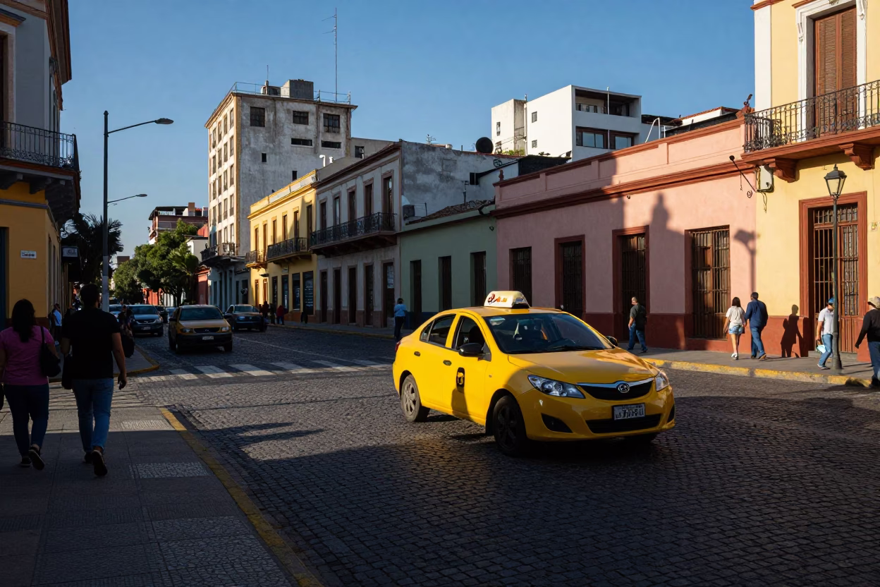 Late Afternoon Buenos Aires Street Scene with Yellow Taxi and Urban Architecture in in Buenos Aires, Argentina