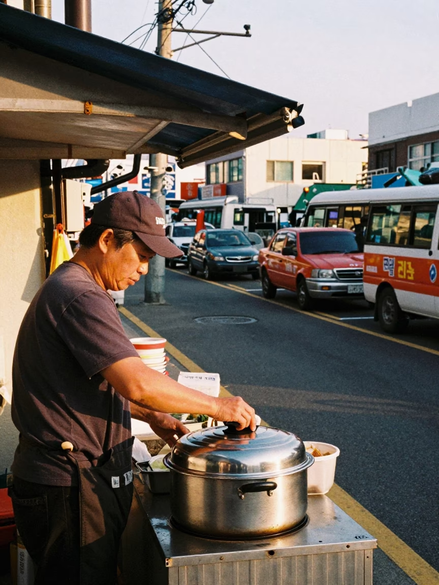 Late Afternoon Busan Street Scene with Brushed Steel Pot Lid and Doormat in in Busan, South Korea