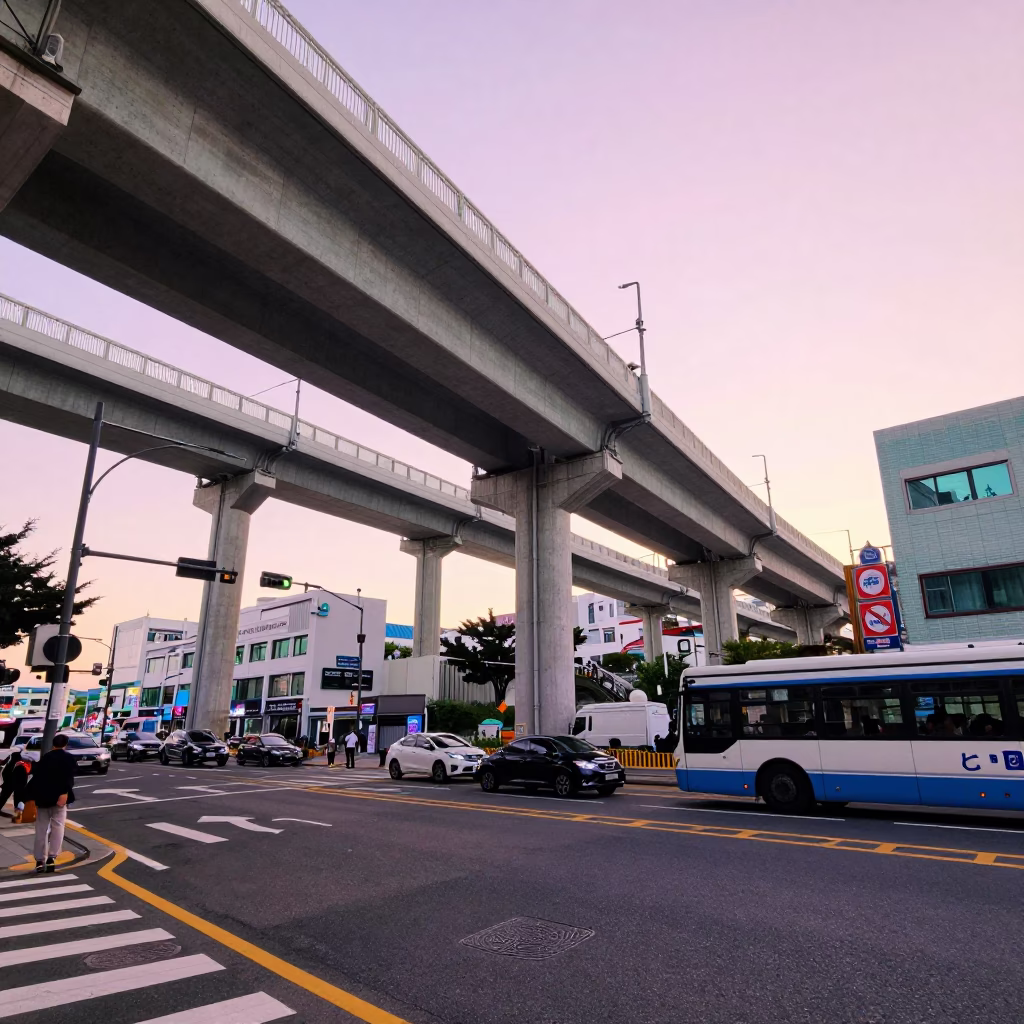 Late Afternoon Busan Street Scene with Highway Flyover and Local Market Produce in in Busan, South Korea