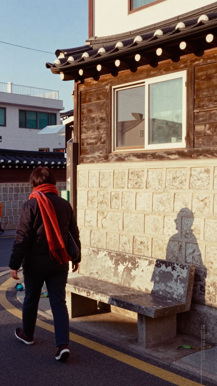 Late Afternoon Busan Street Scene with Scarf and Window Light on Bench Slat in in Busan, South Korea