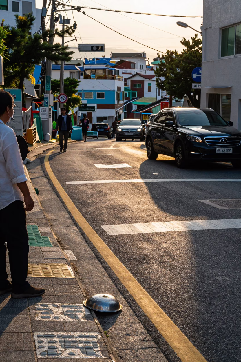 Late Afternoon Busan Street Scene with Sunlight Stripes and Urban Life in in Busan, South Korea