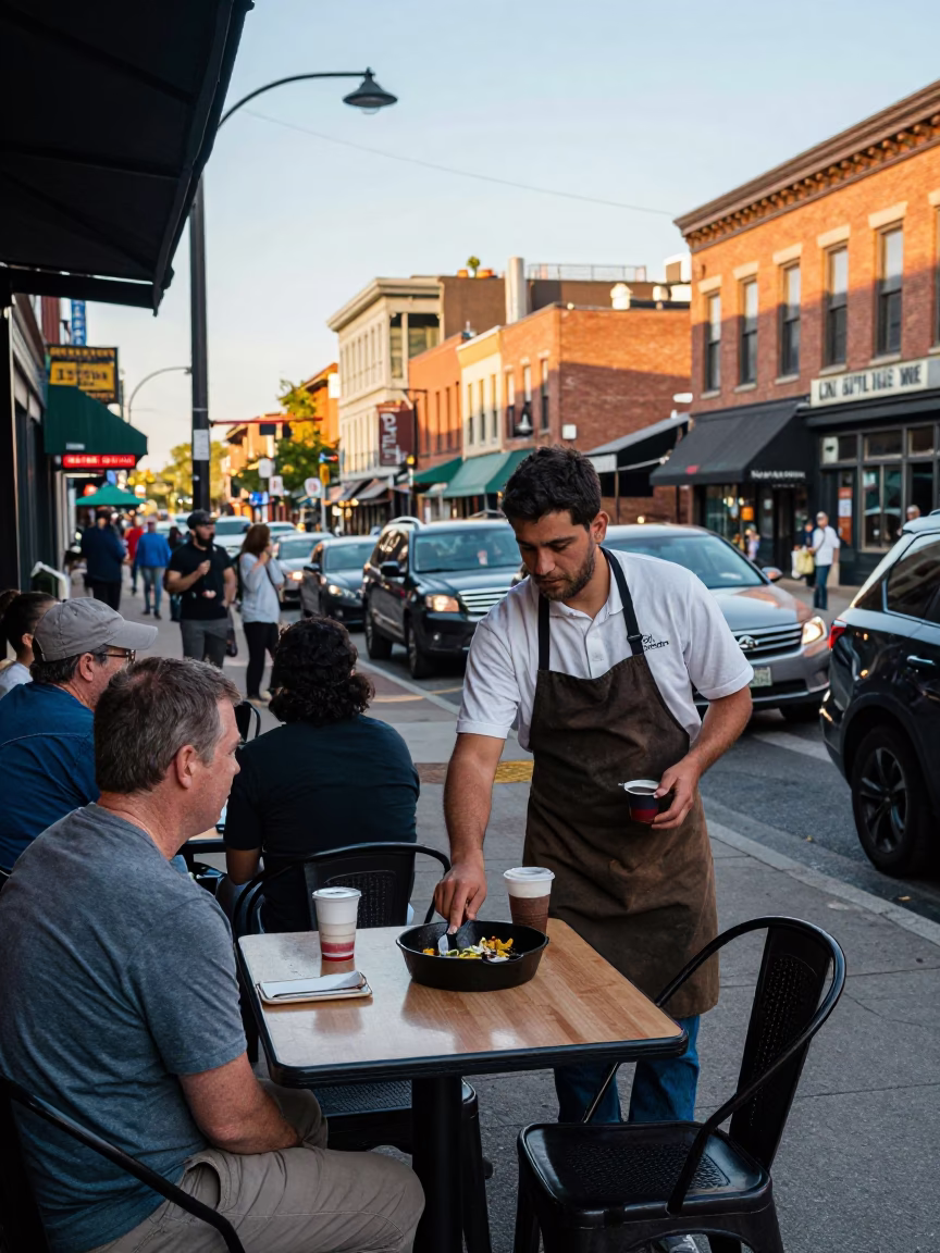 Late Afternoon Busy Nashville Tennessee Street Scene with Local Dining Details in in Nashville, Tennessee, United States