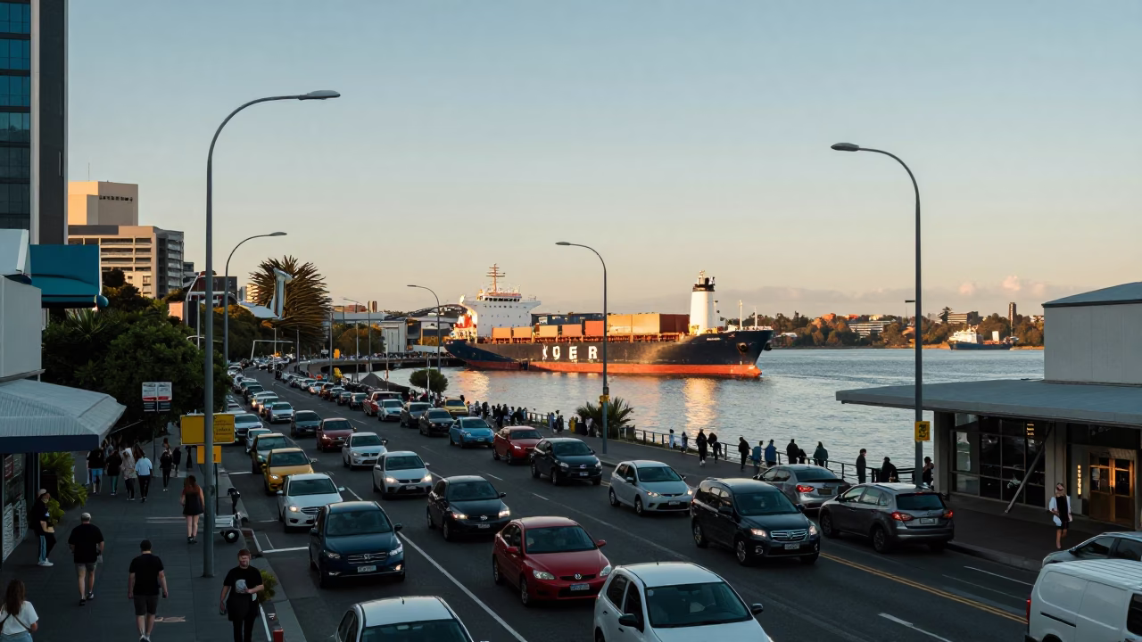 Late Afternoon Busy Perth Street Scene with Cargo Ship Horizon and Local Life in in Perth, Western Australia, Australia