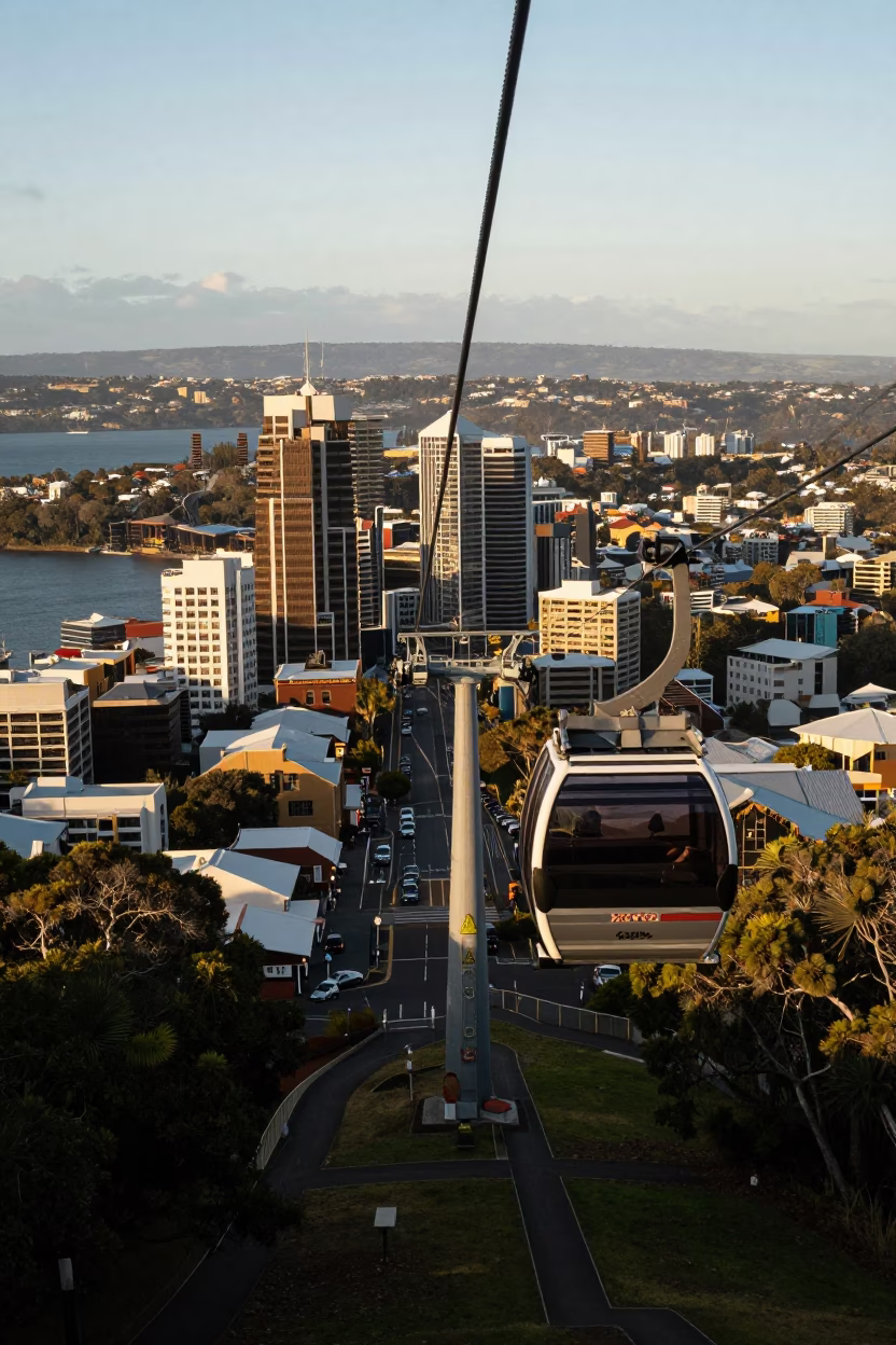 Late Afternoon Cable Car View Over Hobart Tasmania Cityscape and Waterfront in in Hobart, Tasmania, Australia