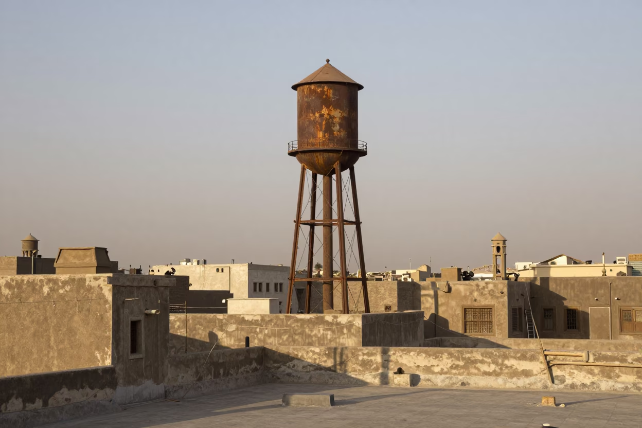 Late Afternoon Cairo Rooftop Scene with Water Tower and Folding Chair in in Cairo, Egypt