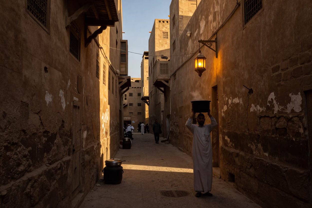 Late Afternoon Cairo Street Scene with Cooking Pot and Lantern Lined Alleyway in in Cairo, Egypt