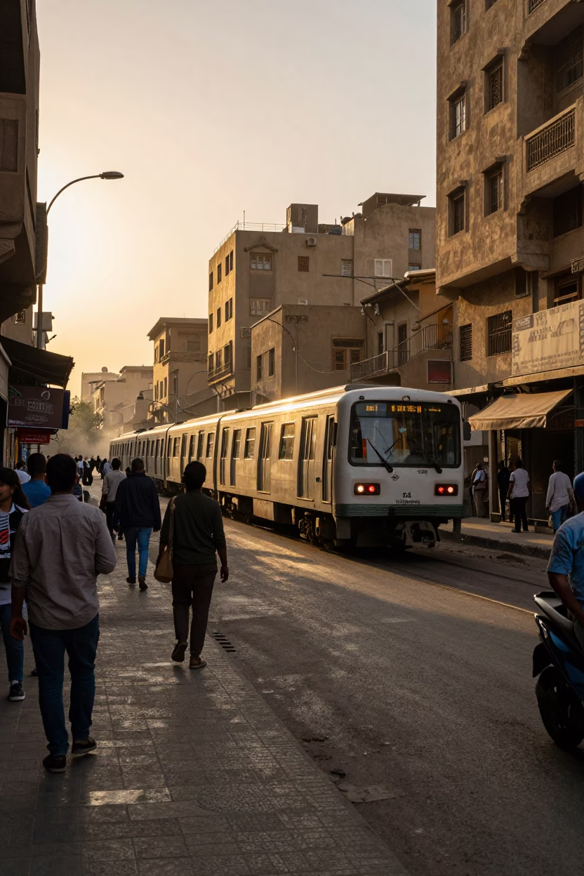 Late Afternoon Cairo Street Scene with Metro Train and Local Life in in Cairo, Egypt