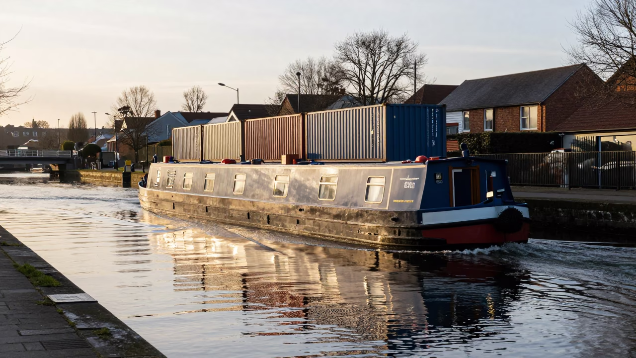 Late Afternoon Canal Barge Cargo in Bristol United Kingdom Waterfront in in Bristol, United Kingdom