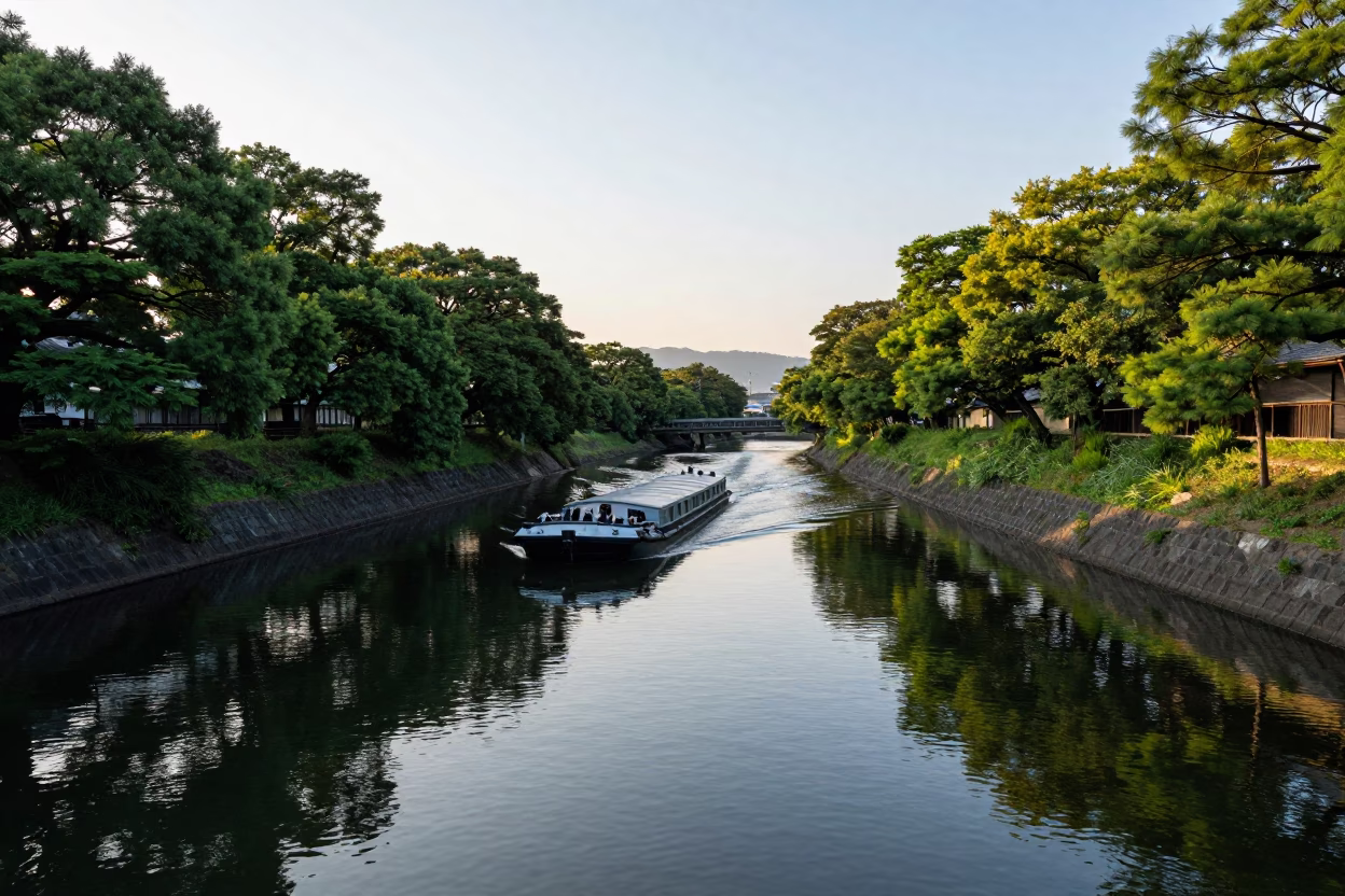 Late Afternoon Canal Scene in Fukuoka Japan with Barge and Lush Greenery in in Fukuoka, Japan