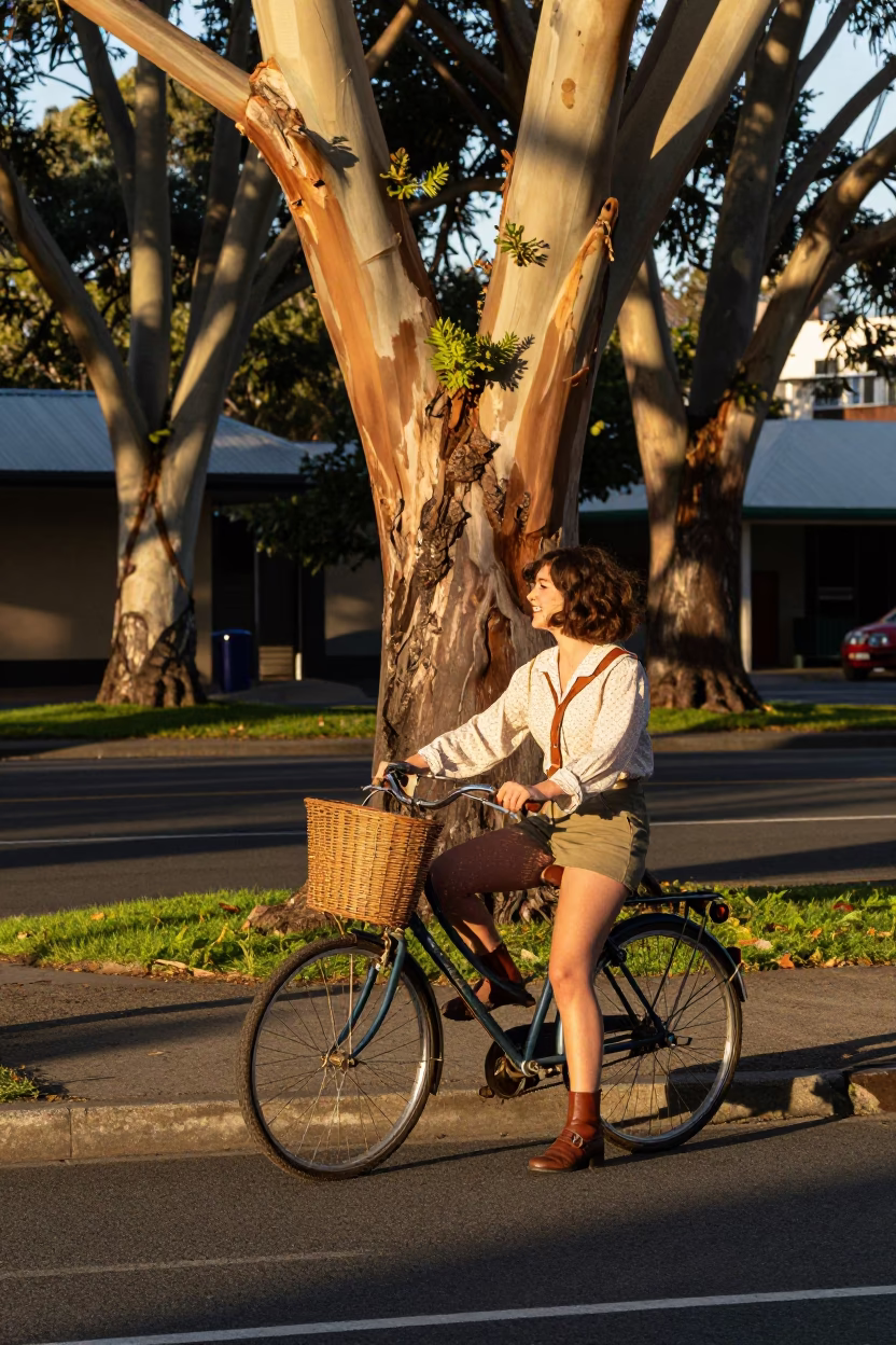 Late Afternoon Candid Moment in Hobart Tasmania with Bicycle Basket and Eucalyptus Forest in in Hobart, Tasmania, Australia