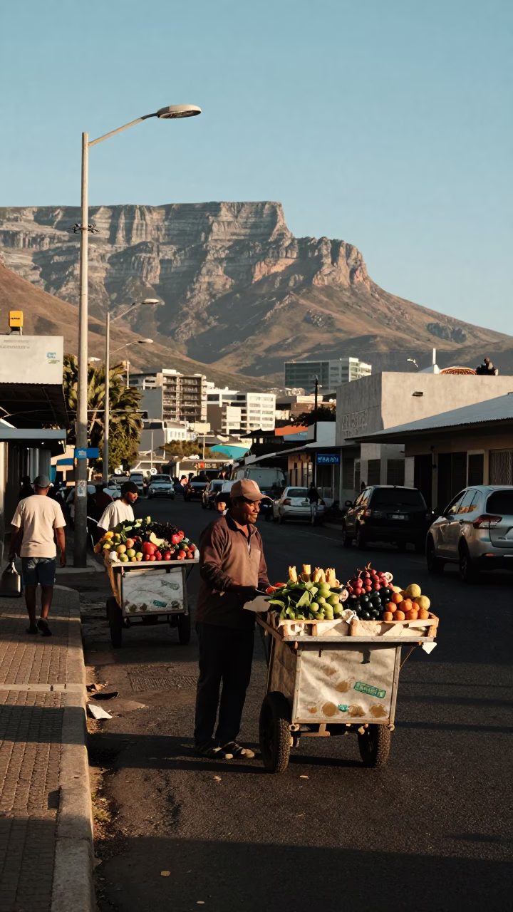 Late Afternoon Cape Town Street Scene with Rolling Carts and Local Life in in Cape Town, South Africa