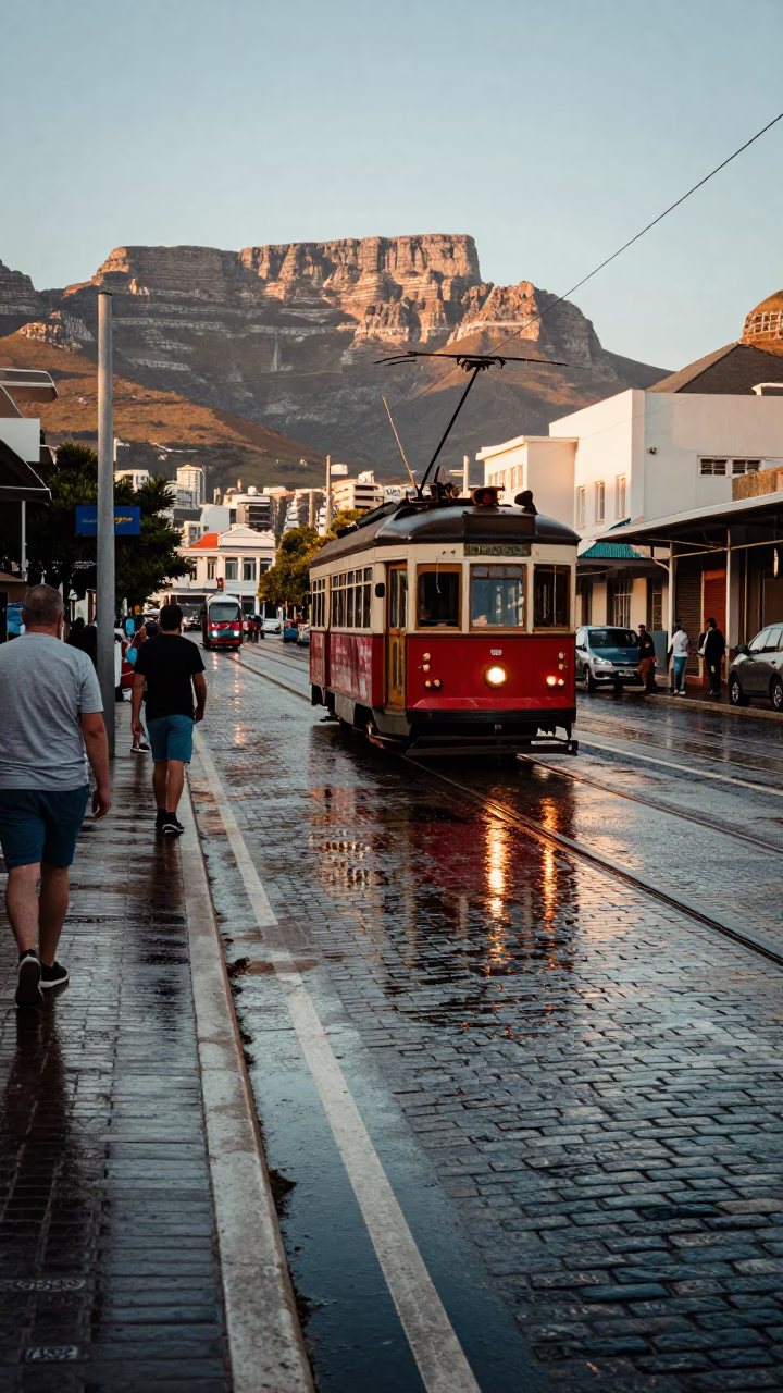 Late Afternoon Cape Town Street Scene with Tram Reflection and Local Vendor in in Cape Town, South Africa
