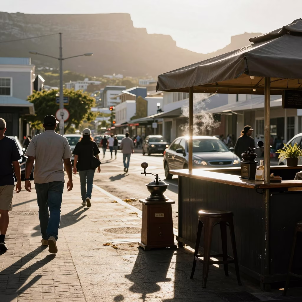 Late Afternoon Cape Town Street Scene with Vintage Coffee Grinder and Affogato in in Cape Town, South Africa