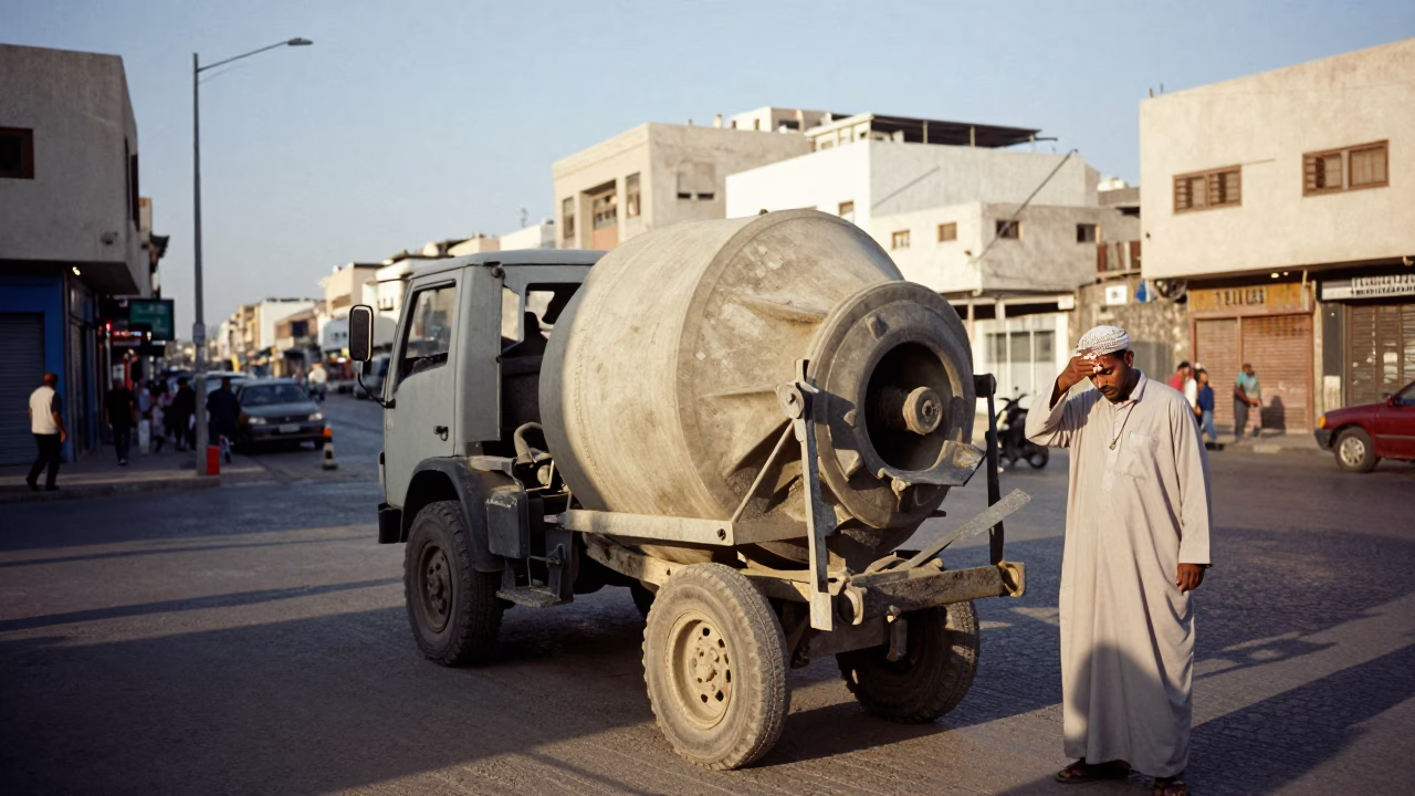 Late Afternoon Casablanca Street Scene with Cement Mixer and Local Life in in Casablanca, Morocco
