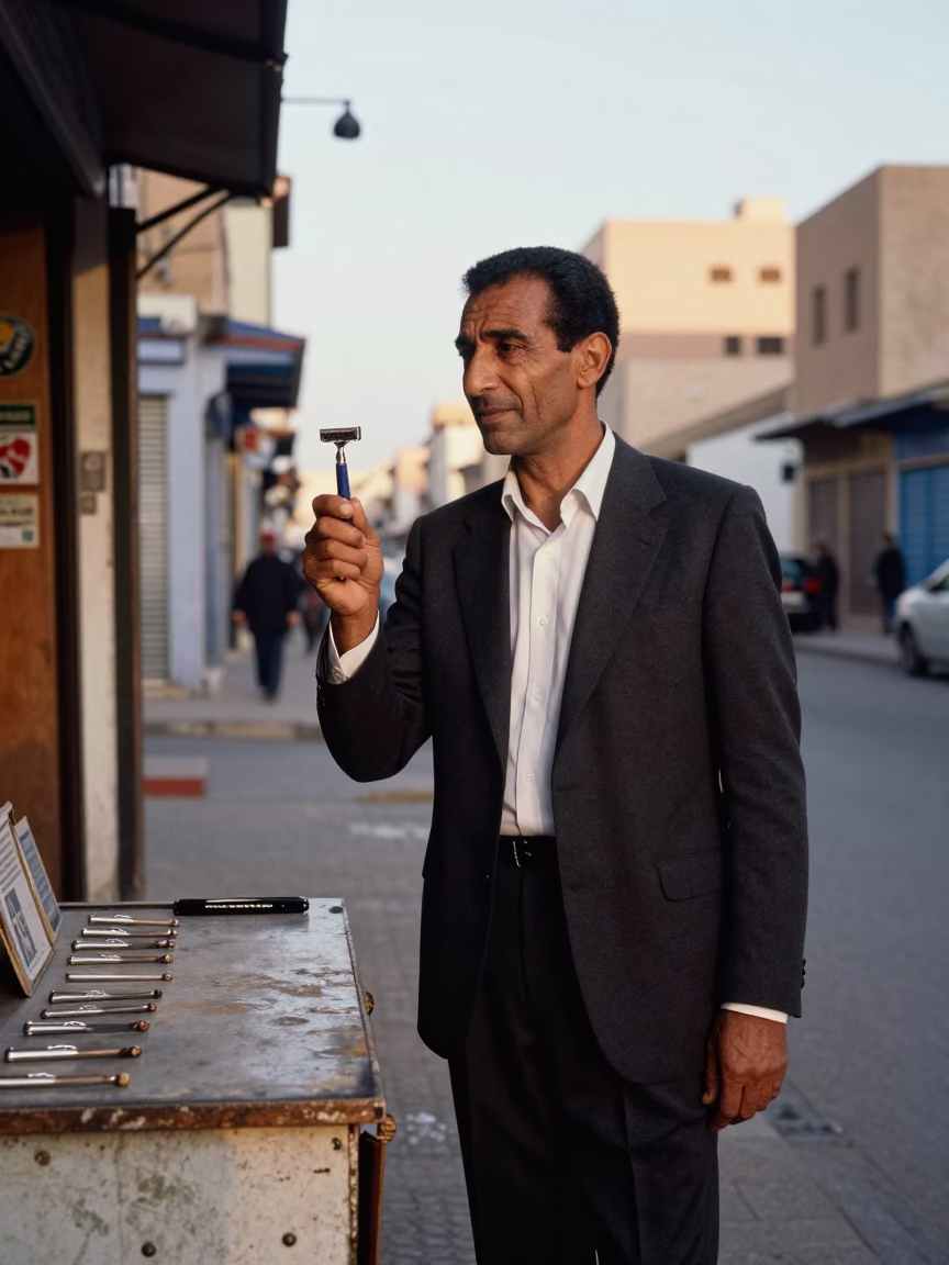 Late Afternoon Casablanca Street Scene with Safety Razor and Ledger in Moroccan City in in Casablanca, Morocco