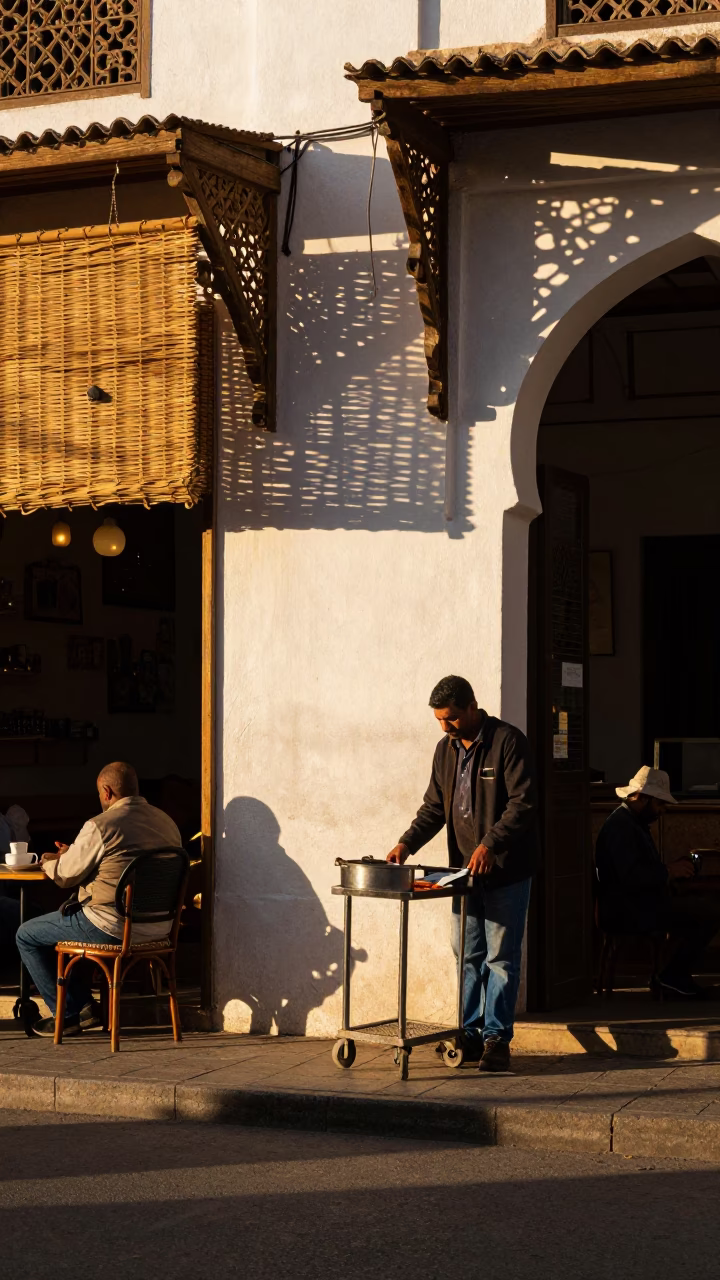 Late Afternoon Casablanca Street Scene with Wicker Shadows and Polished Metal Details in in Casablanca, Morocco