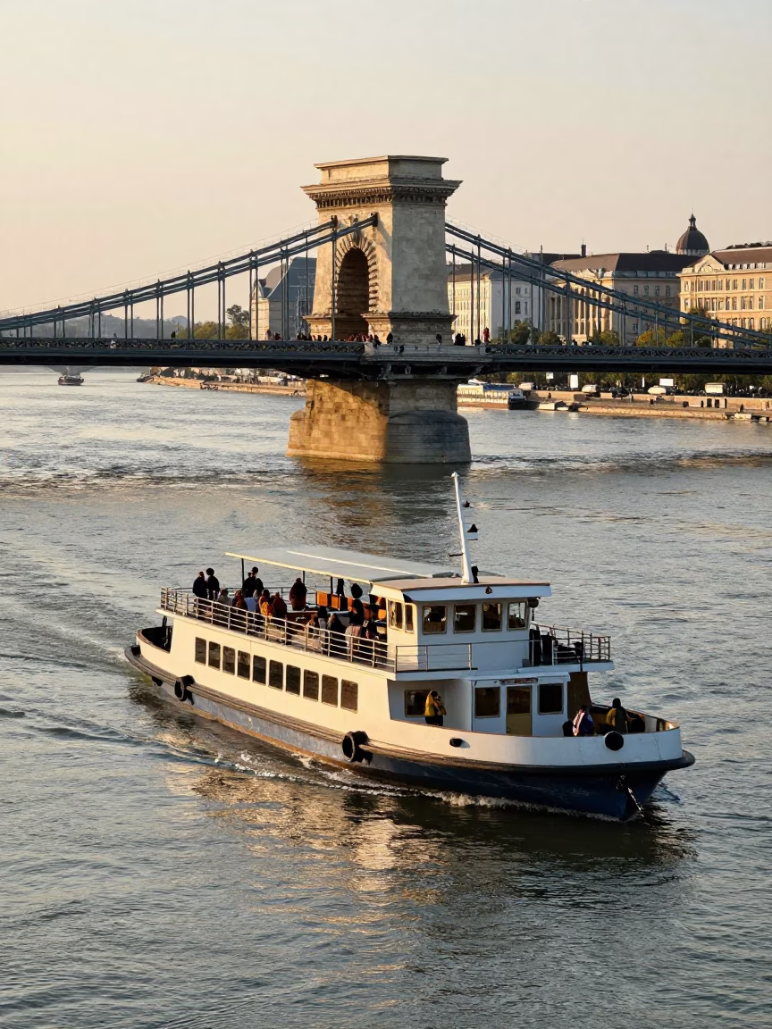 Late Afternoon Chain Ferry Crossing Danube River in Budapest Hungary in in Budapest, Hungary