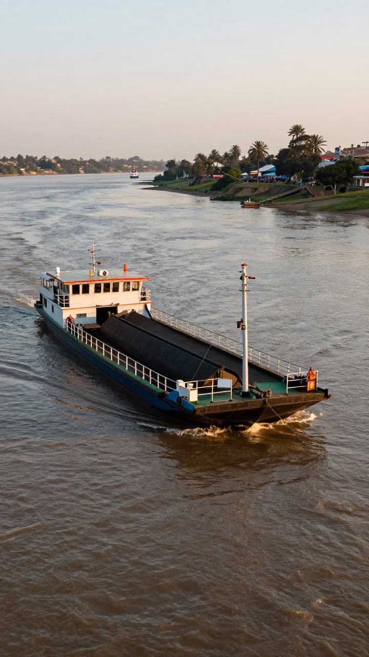 Late Afternoon Chain Ferry Crossing Durban River with Cargo Ship Horizon in in Durban, South Africa