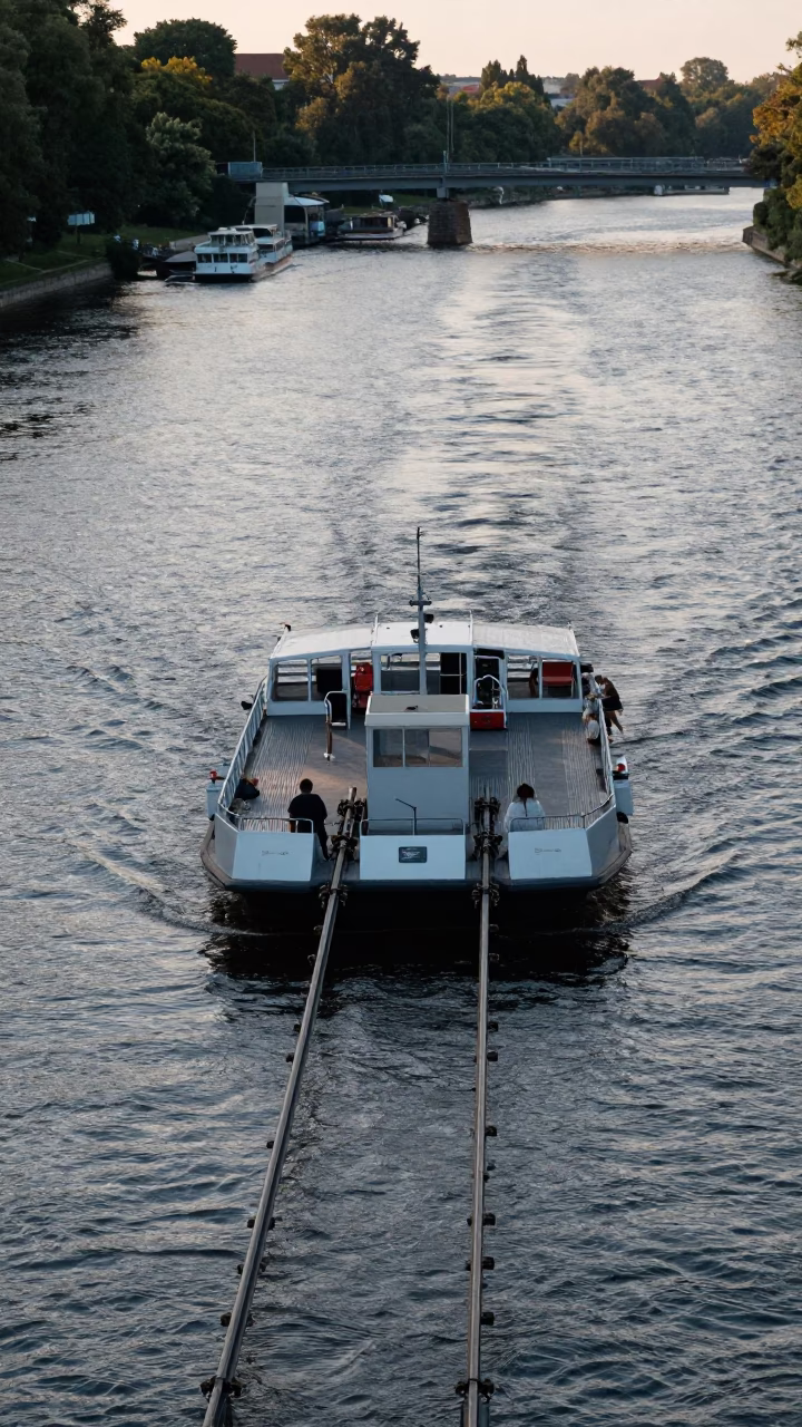 Late Afternoon Chain Ferry Crossing Spree River in Berlin Germany with Urban Skyline in in Berlin, Germany