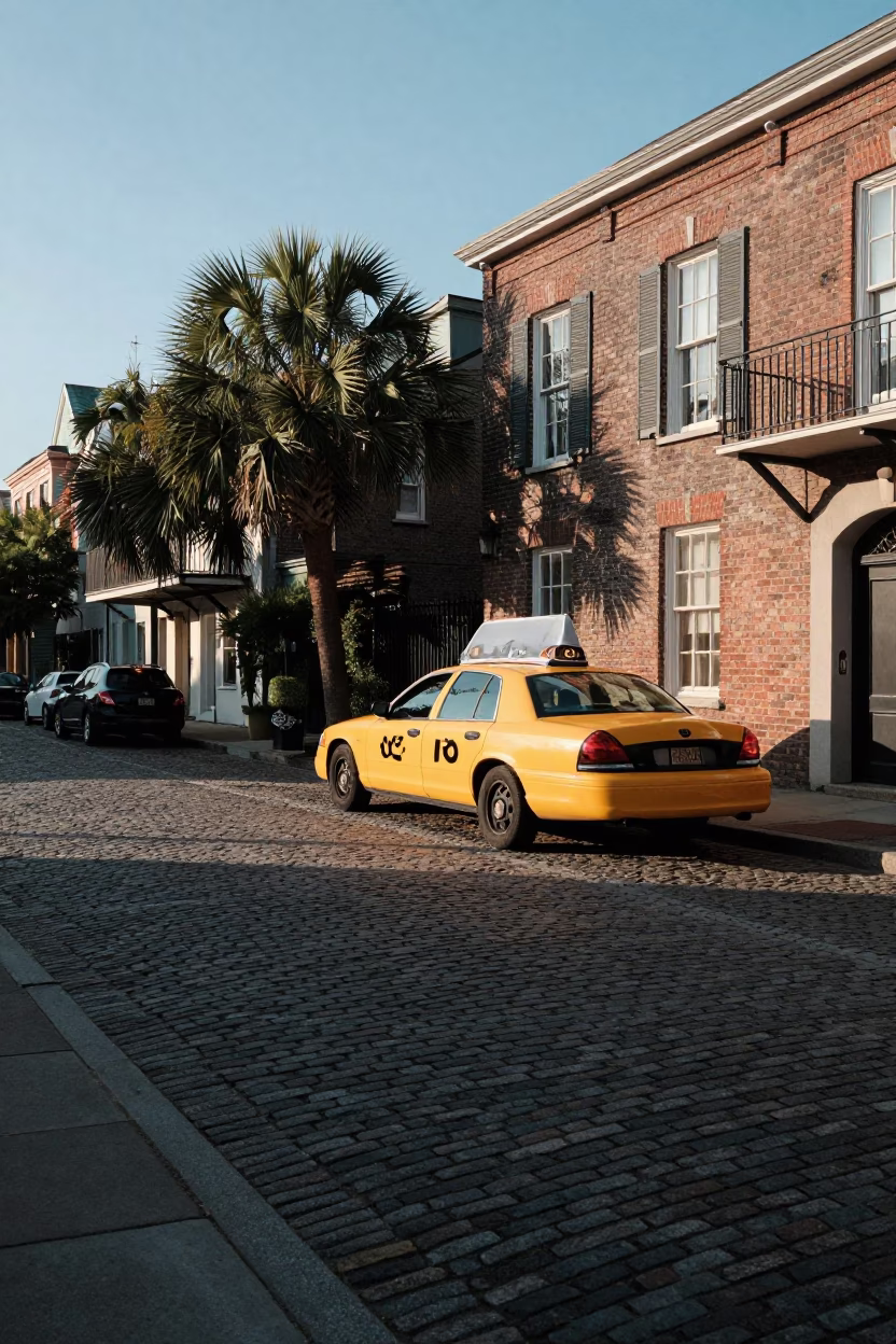 Late Afternoon Charleston South Carolina Street Scene with Vintage Taxi and Historic Architecture in in Charleston, South Carolina, United States