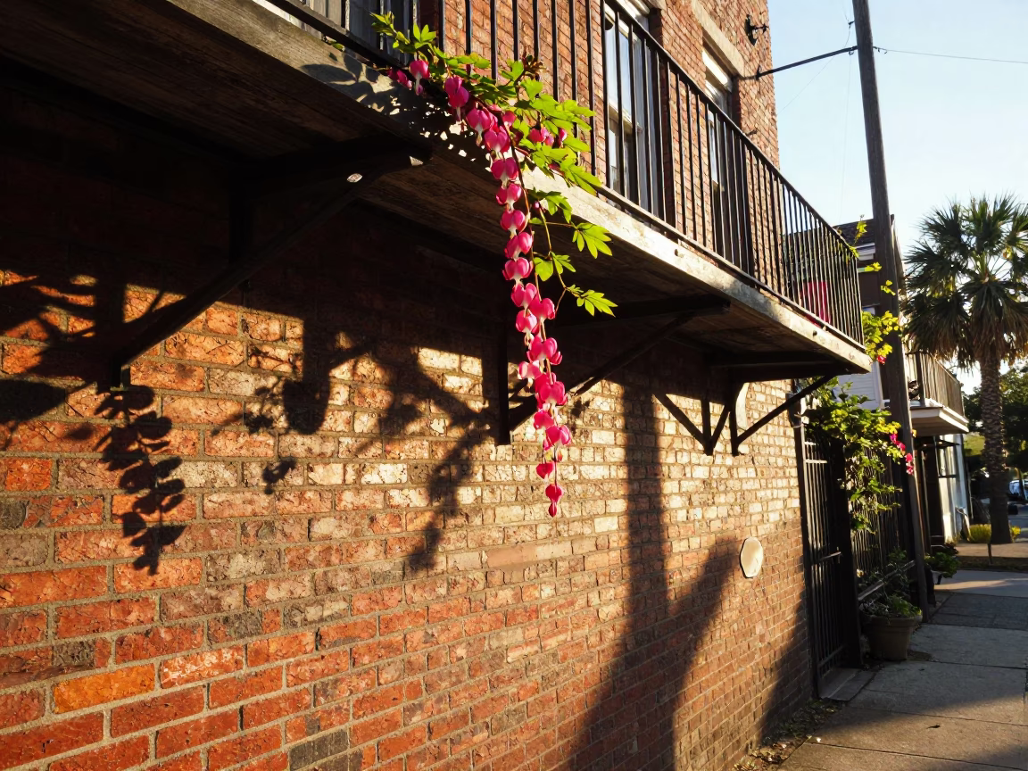 Late Afternoon Charleston Street Scene with Bleeding Heart Vine and Brushed Steel Hardware in in Charleston, South Carolina, United States
