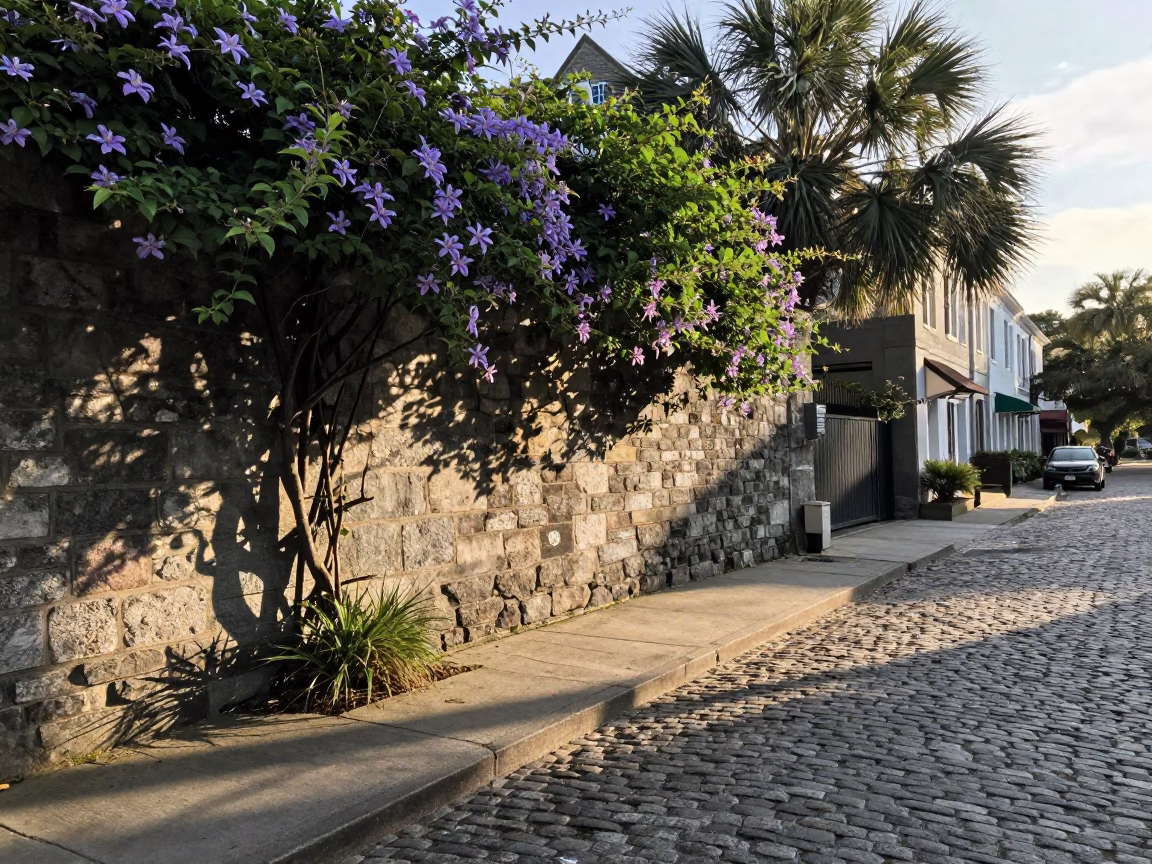 Late Afternoon Charleston Street Scene with Clematis Vine and Stone Wall in in Charleston, South Carolina, United States