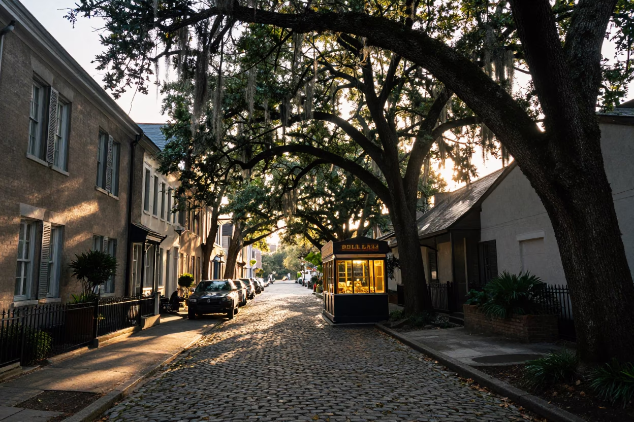 Late Afternoon Charleston Street Scene with Gold Bullion Bar and Historic Architecture in in Charleston, South Carolina, United States