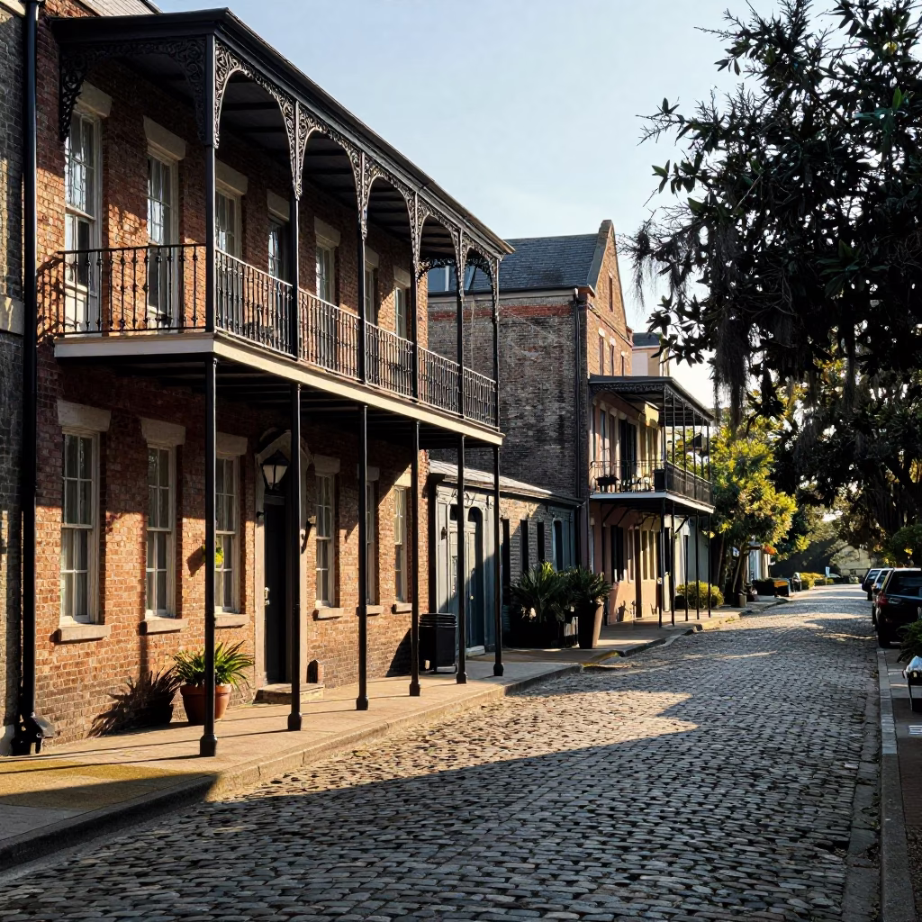 Late Afternoon Charleston Street Scene with Historic Brick Architecture and Local Life in in Charleston, South Carolina, United States