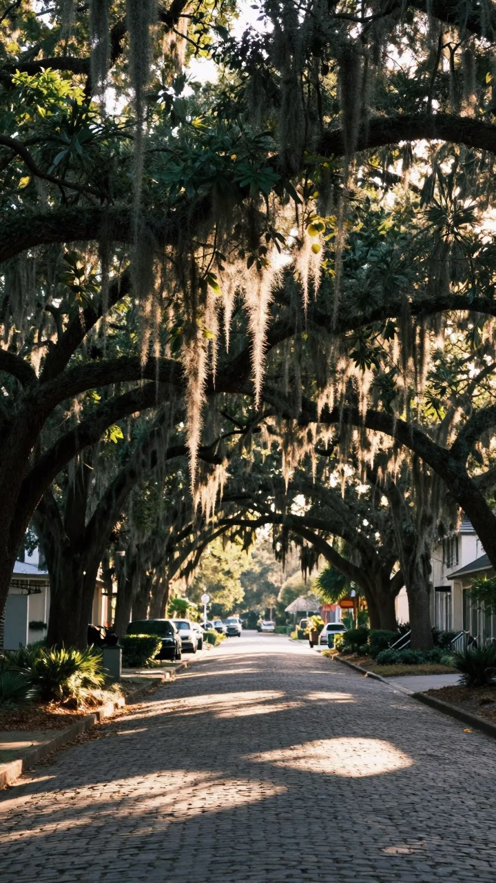 Late Afternoon Charleston Street Scene with Spanish Moss and Historic Architecture in in Charleston, South Carolina, United States