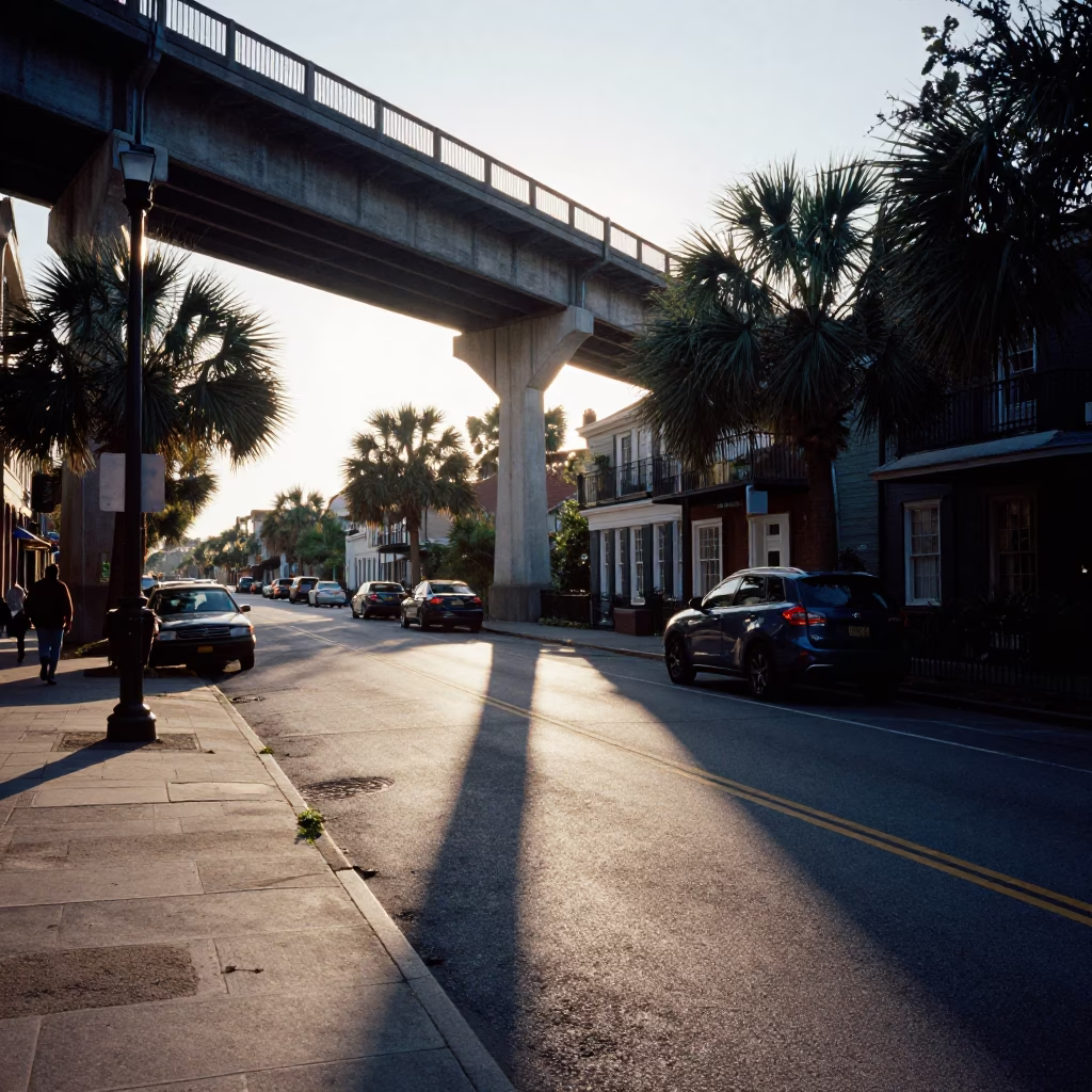 Late Afternoon Charleston Street Scene with Viaduct Shadow and Garden Allotments in in Charleston, South Carolina, United States