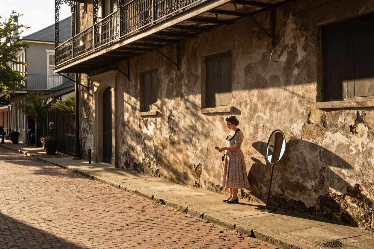 Late Afternoon Charleston Street Scene with Vintage Hand Mirror Reflection in in Charleston, South Carolina, United States