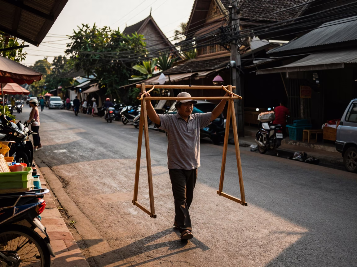 Late Afternoon Chiang Mai Street Scene with Wooden Hanger and Clear Glass Drain in in Chiang Mai, Thailand
