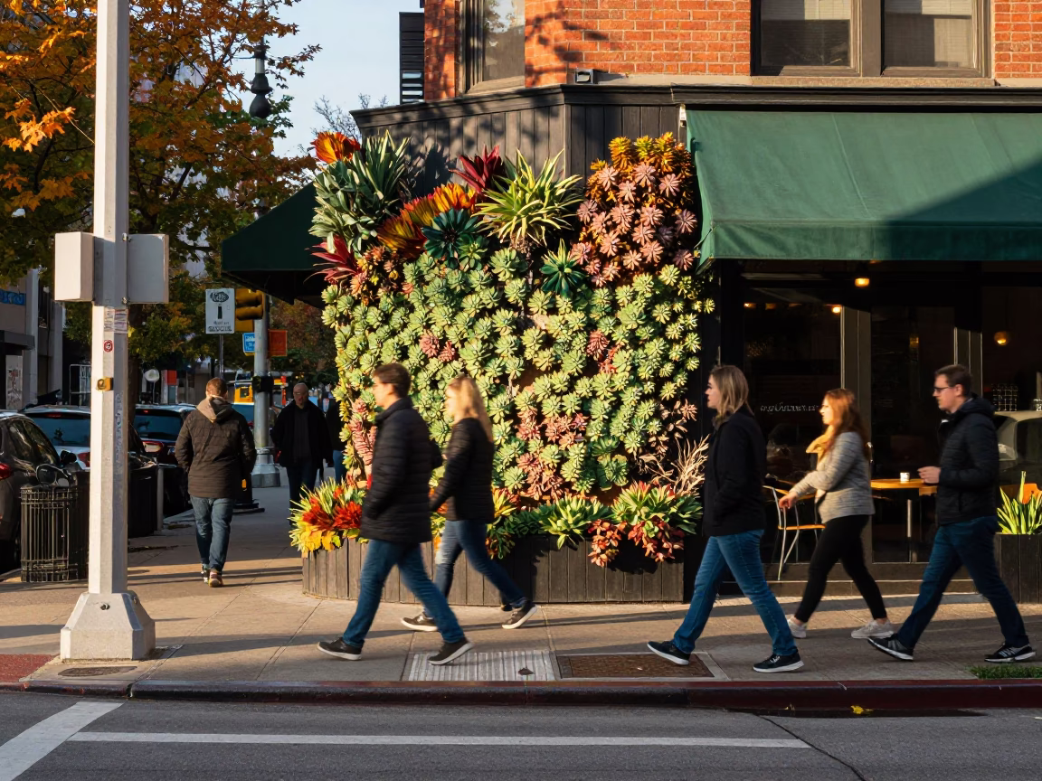 Late Afternoon Chicago Street Scene with Cafe Succulent Wall and Urban Pedestrian Activity in in Chicago, Illinois, United States
