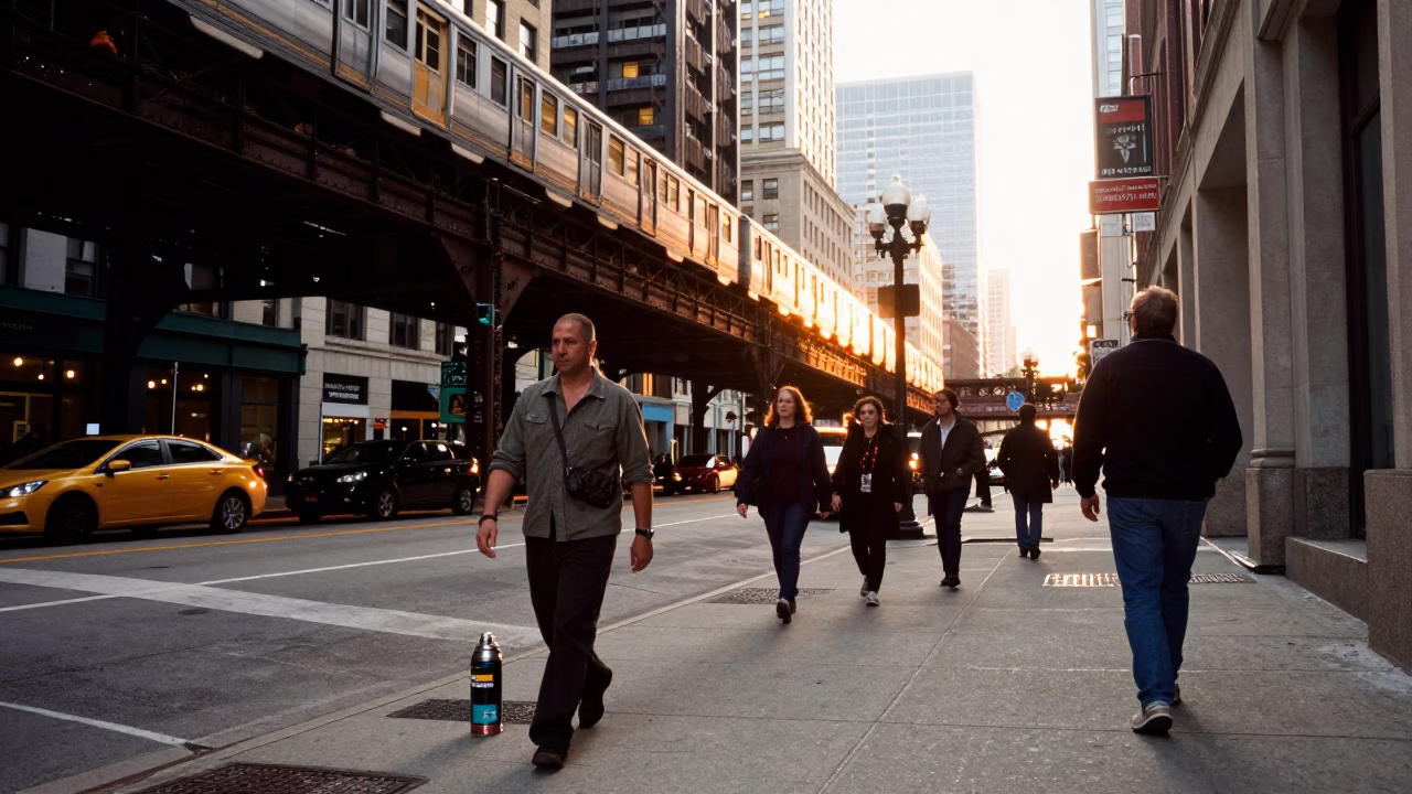 Late Afternoon Chicago Street Scene with Vintage Thermos and Wooden Crate in in Chicago, Illinois, United States