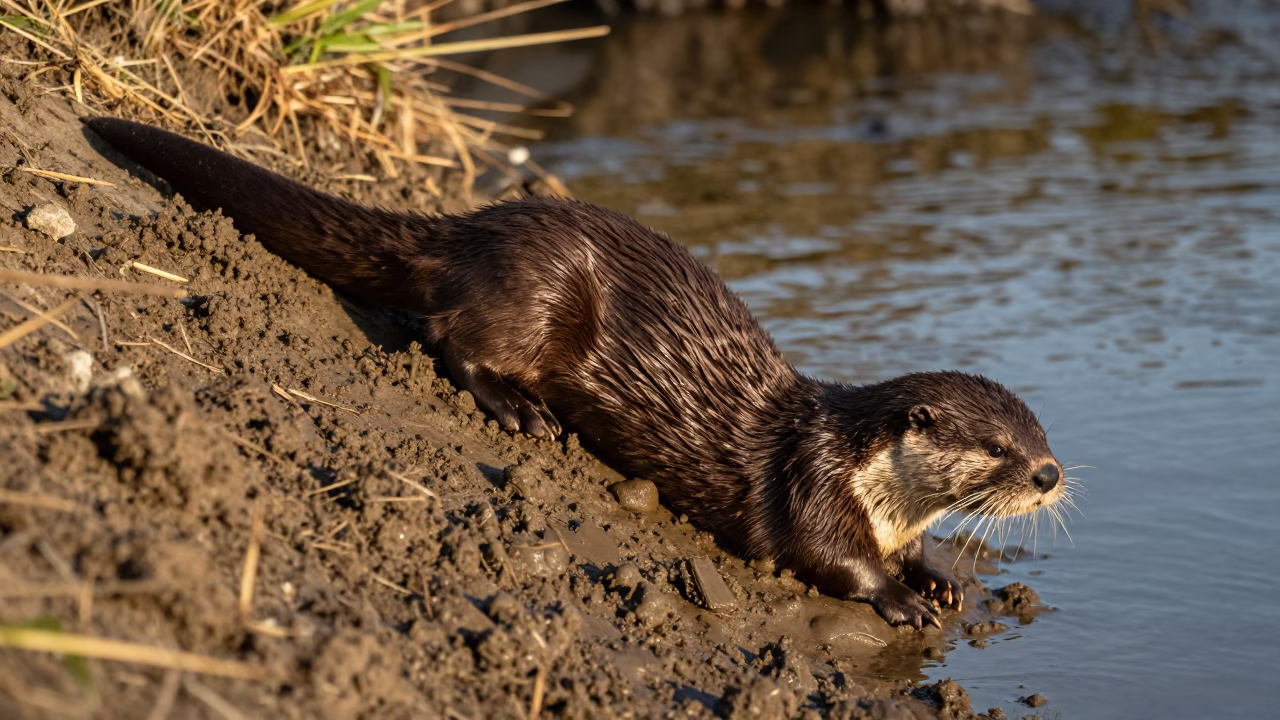 Late Afternoon Christchurch River Otter Sliding on Mudbank Near Avon River in in Christchurch, New Zealand