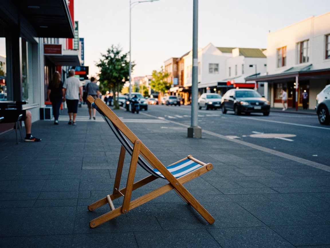 Late Afternoon Christchurch Street Scene with Deck Chair and River Views in in Christchurch, New Zealand
