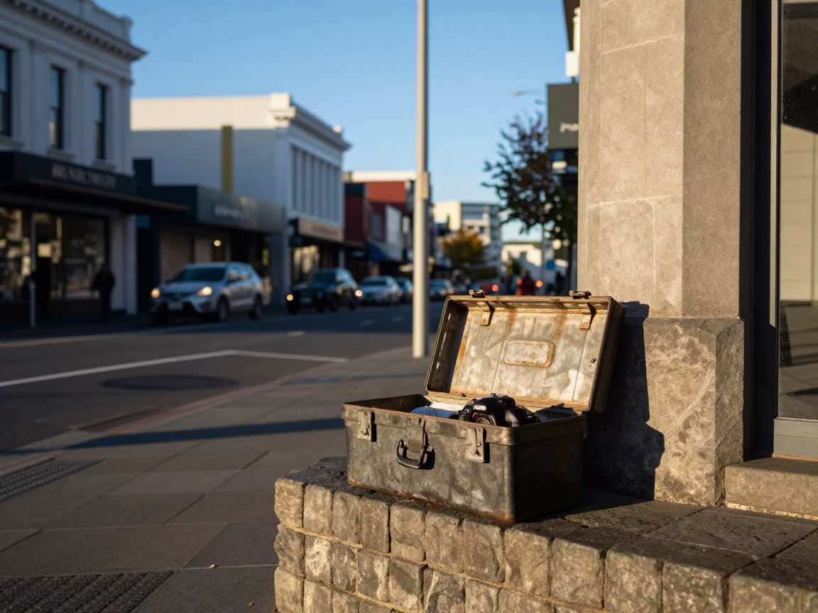 Late Afternoon Christchurch Street Scene with Toolbox and Urban Details in in Christchurch, New Zealand