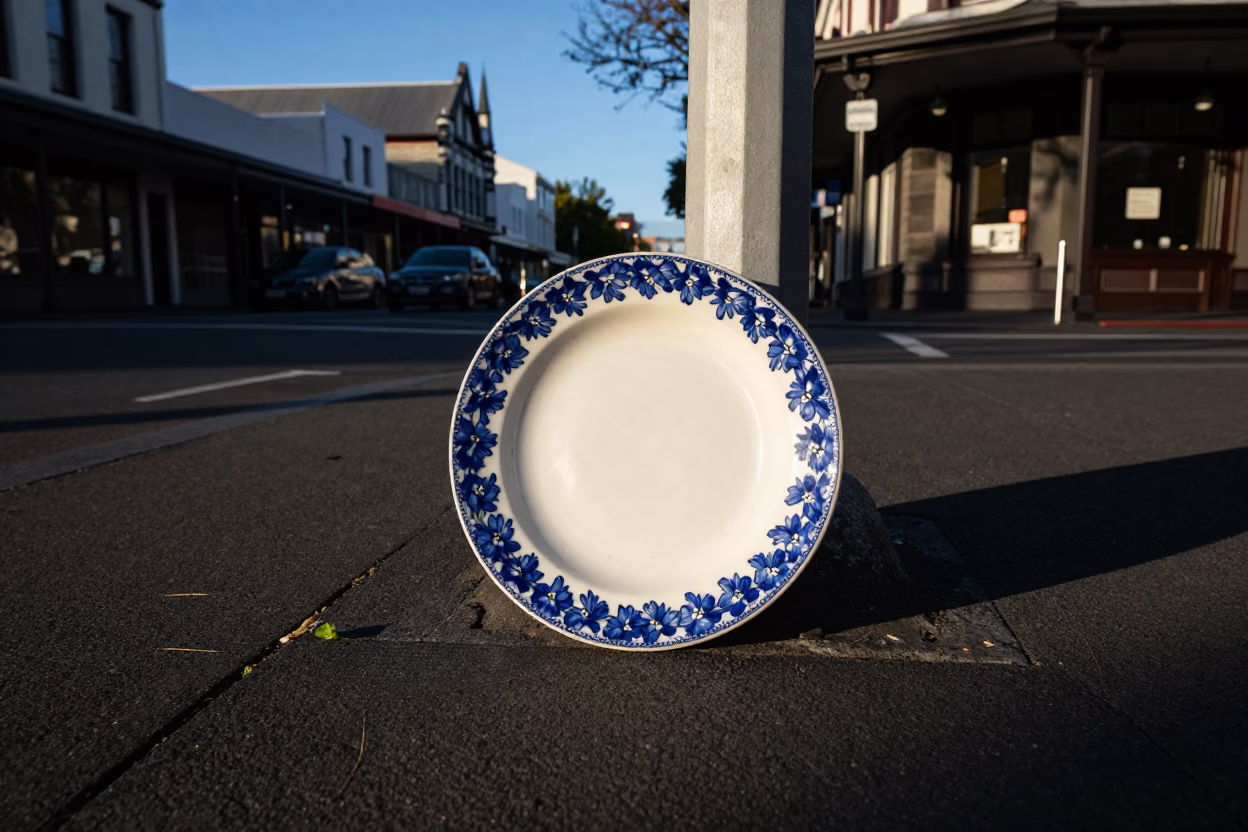 Late Afternoon Christchurch Street Scene with Vintage Majolica Plate and Delphinium Border in in Christchurch, New Zealand