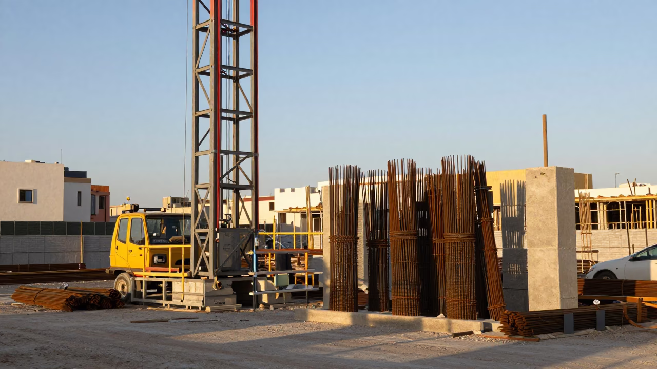 Late Afternoon Construction Site in Casablanca Morocco with Rebar Bundles and Measuring Tapes in in Casablanca, Morocco