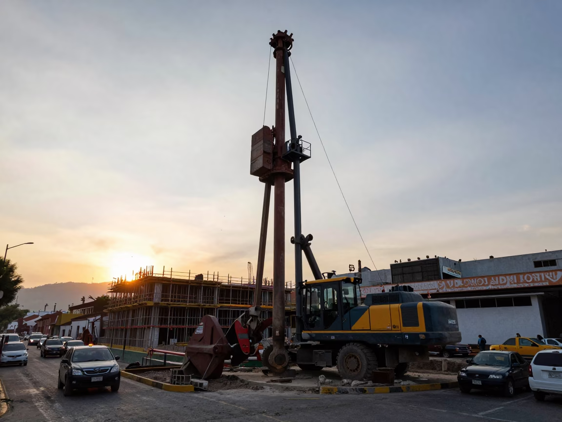 Late Afternoon Construction Site in Quito Ecuador With Pile Driver And Urban Street Scene in in Quito, Ecuador