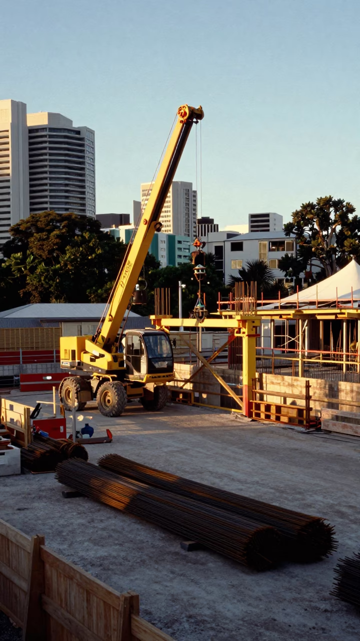 Late Afternoon Construction Site with Rebar Bundles and Elevator Gate in Auckland New Zealand in in Auckland, New Zealand