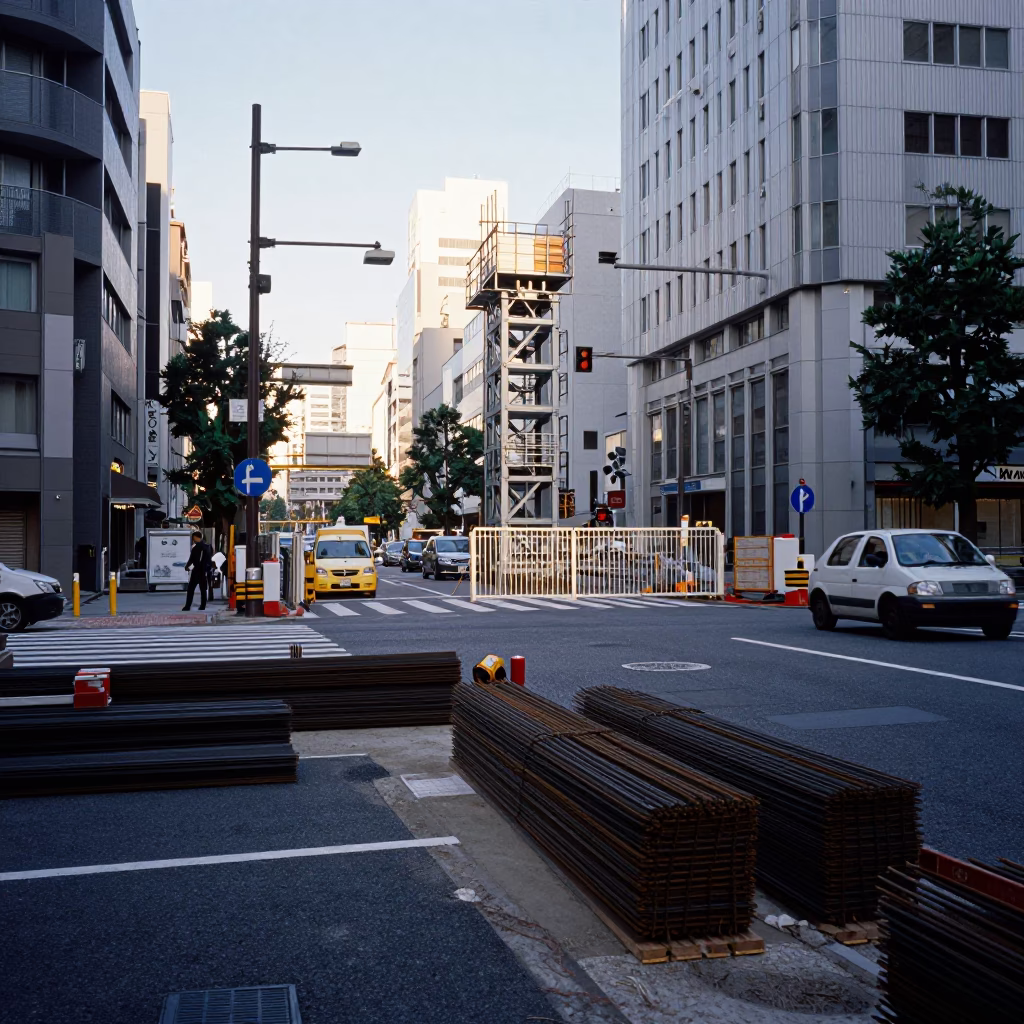 Late Afternoon Construction Site with Rebar Bundles and Elevator Gate in Tokyo Japan in in Tokyo, Japan