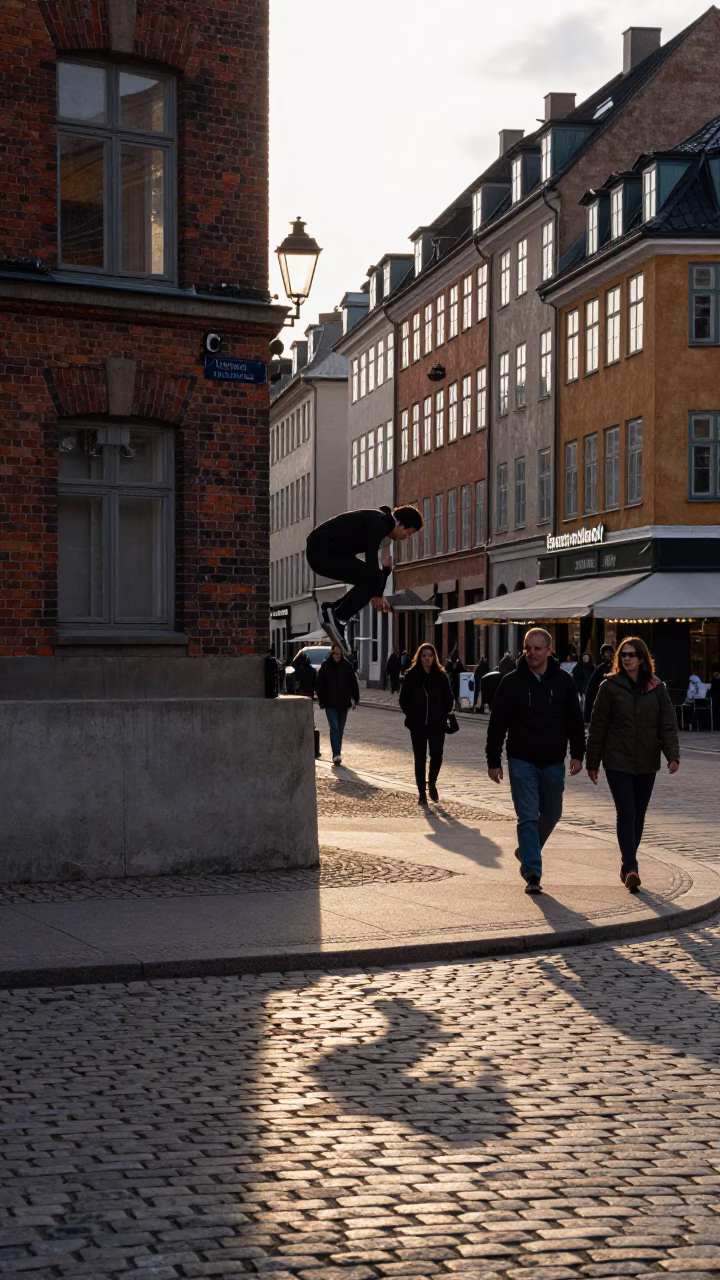 Late Afternoon Copenhagen Street Scene with Concrete Wall and Urban Elements in in Copenhagen, Denmark