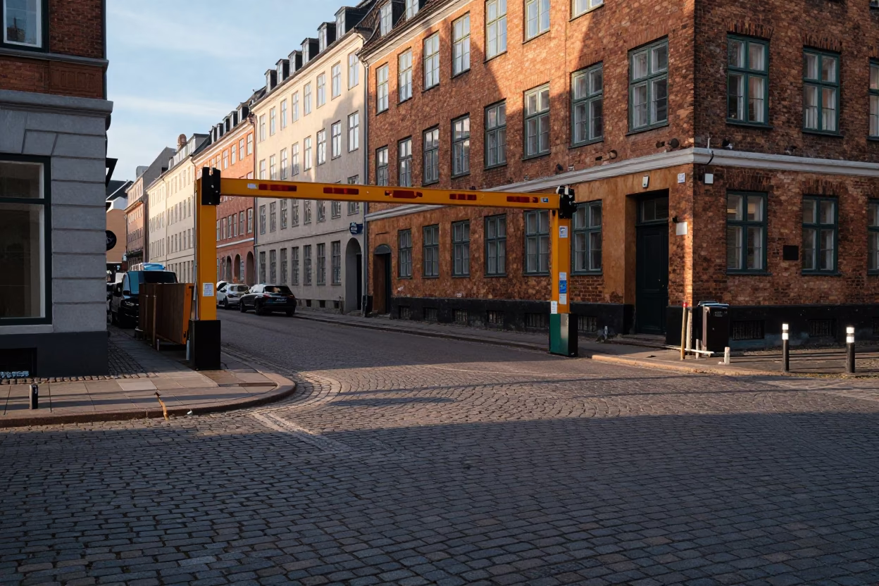 Late Afternoon Copenhagen Street Scene with Construction Elevator Gate and Rebar Bundles in in Copenhagen, Denmark